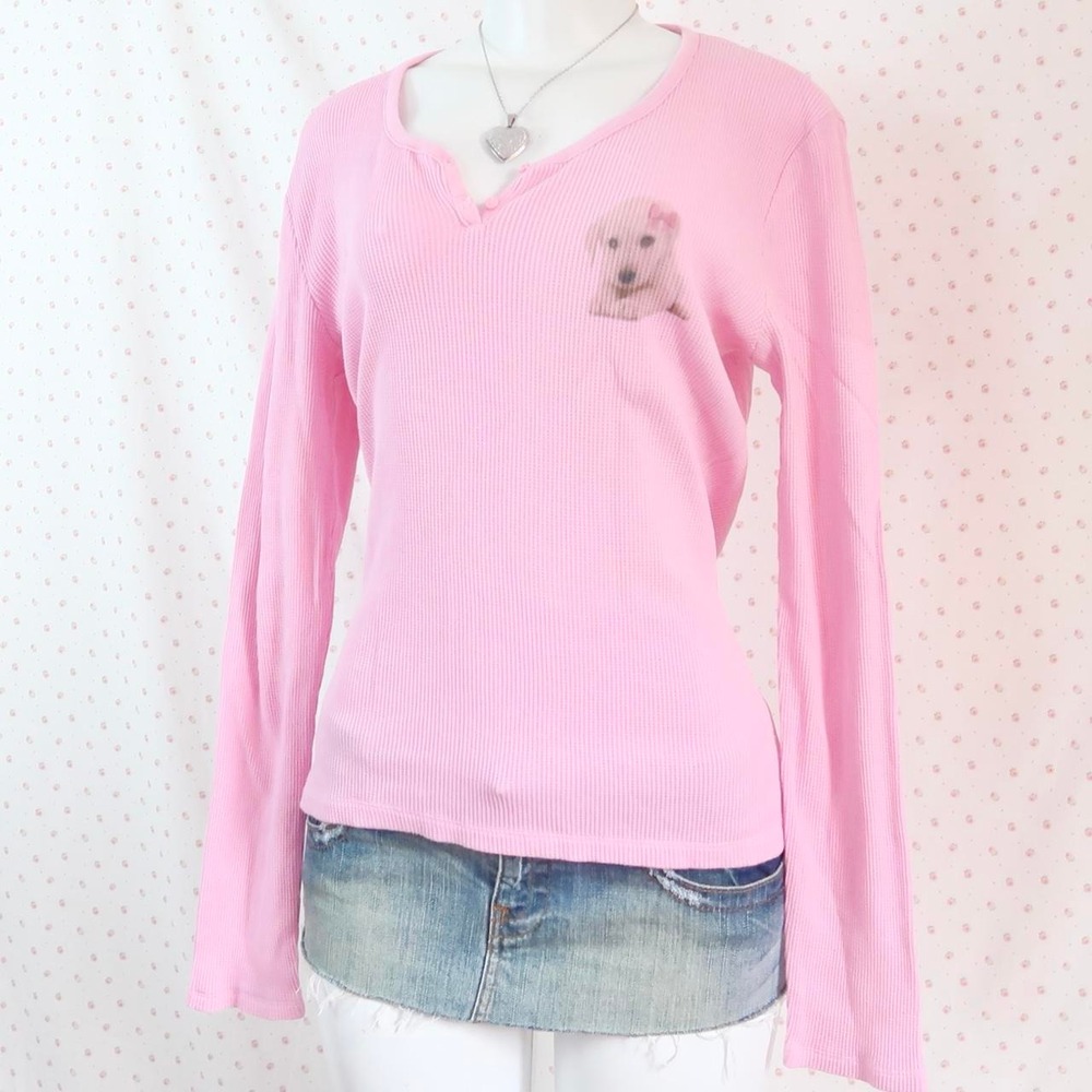 Y2K Pink puppy Ribbed Henley Long Sleeve Top 2000s